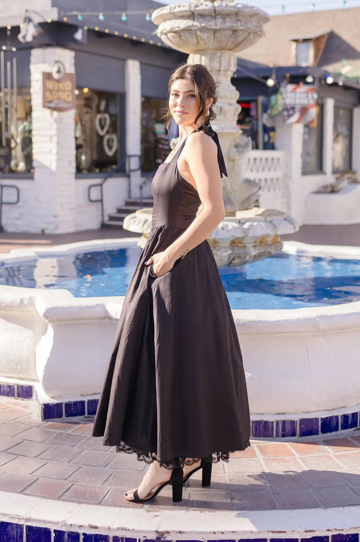 Tracy Sleeveless Halter Lace Contrast Midi Dress Black