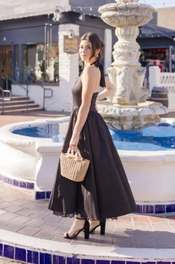 Tracy Sleeveless Halter Lace Contrast Midi Dress Black