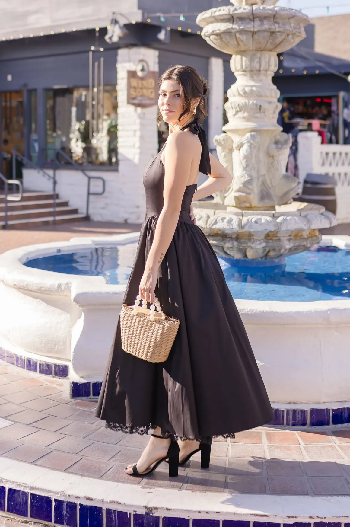 Tracy Sleeveless Halter Lace Contrast Midi Dress Black