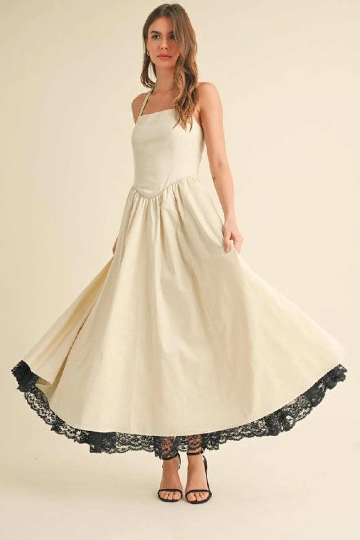 Tracy Sleeveless Halter Lace Contrast Midi Dress Ivory