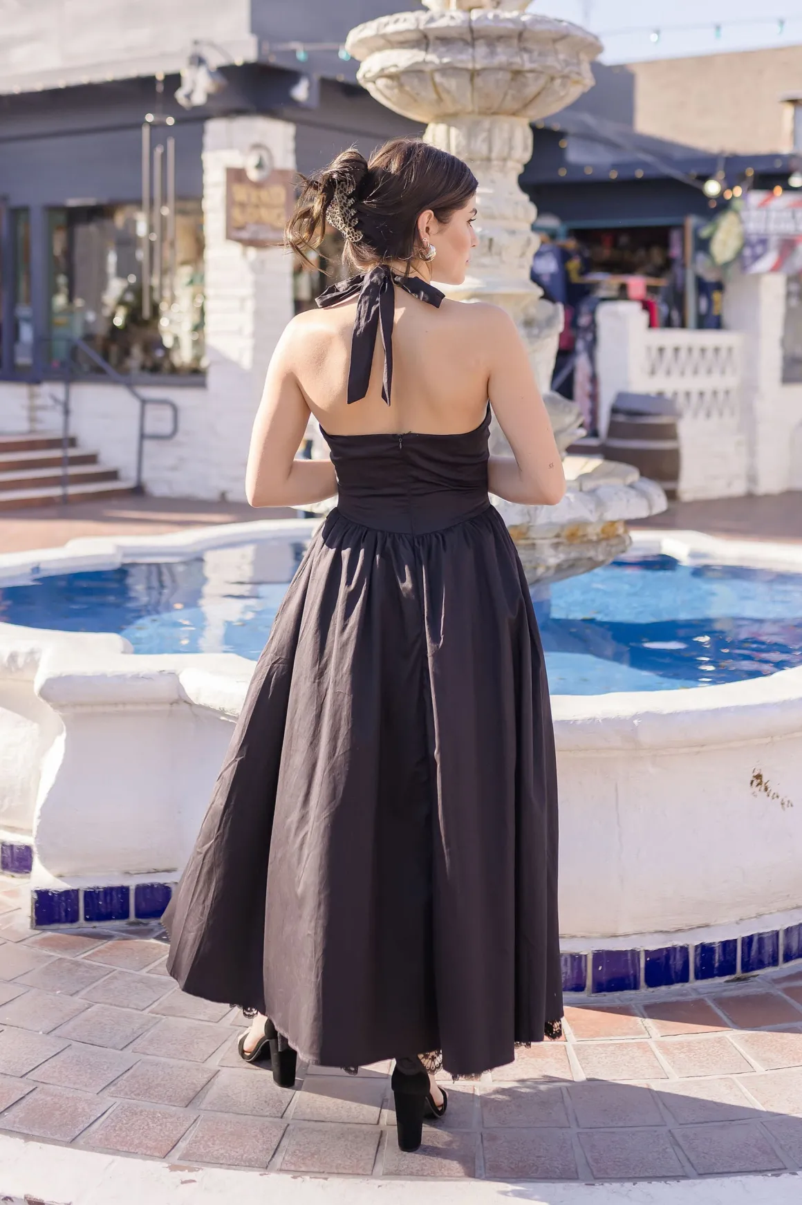 Tracy Sleeveless Halter Lace Contrast Midi Dress Black