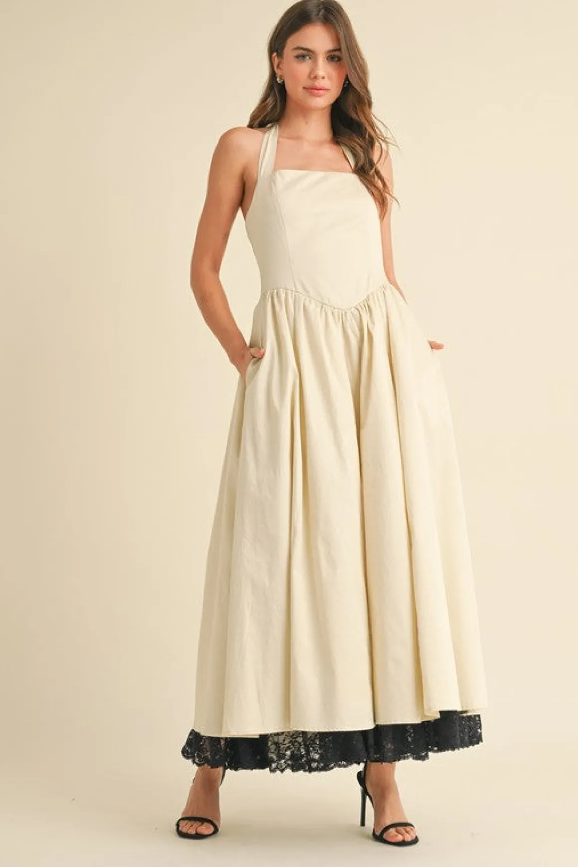 Tracy Sleeveless Halter Lace Contrast Midi Dress Ivory