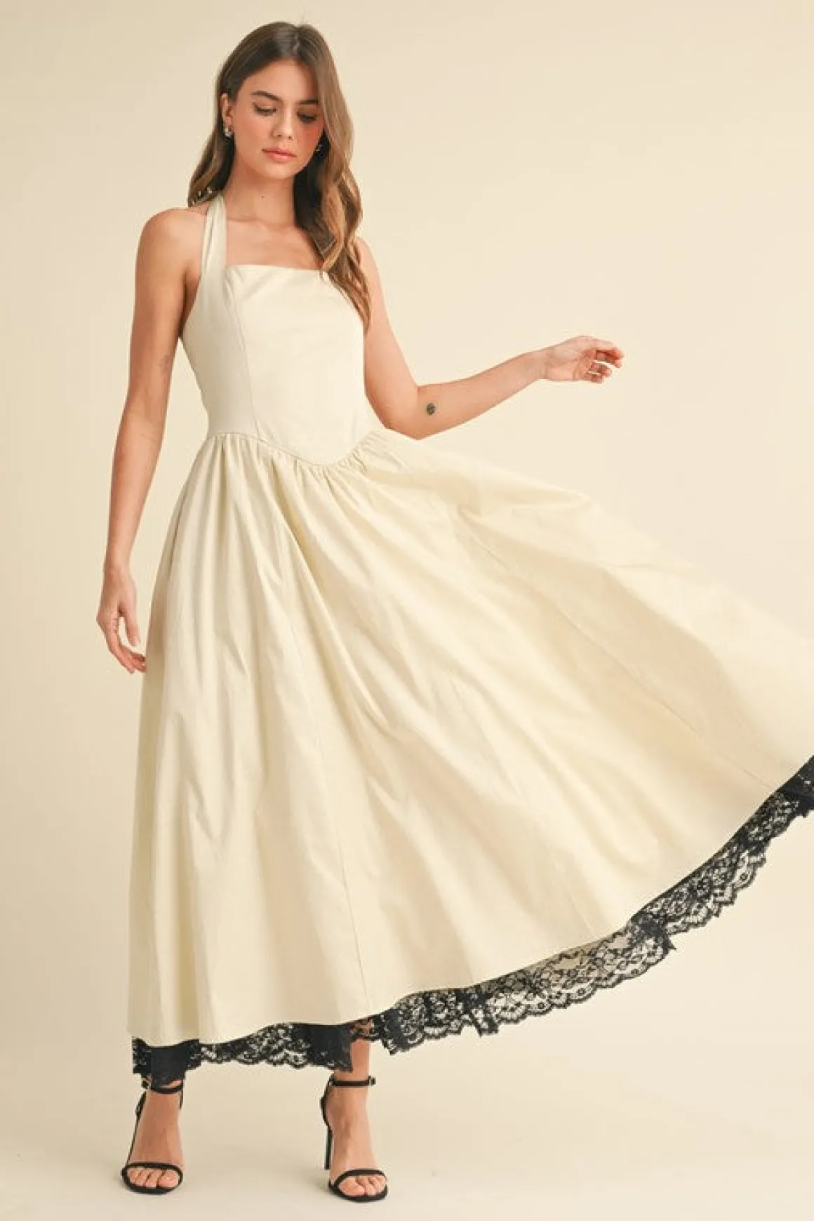 Tracy Sleeveless Halter Lace Contrast Midi Dress Ivory