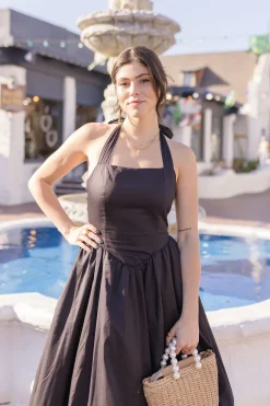 Tracy Sleeveless Halter Lace Contrast Midi Dress Black