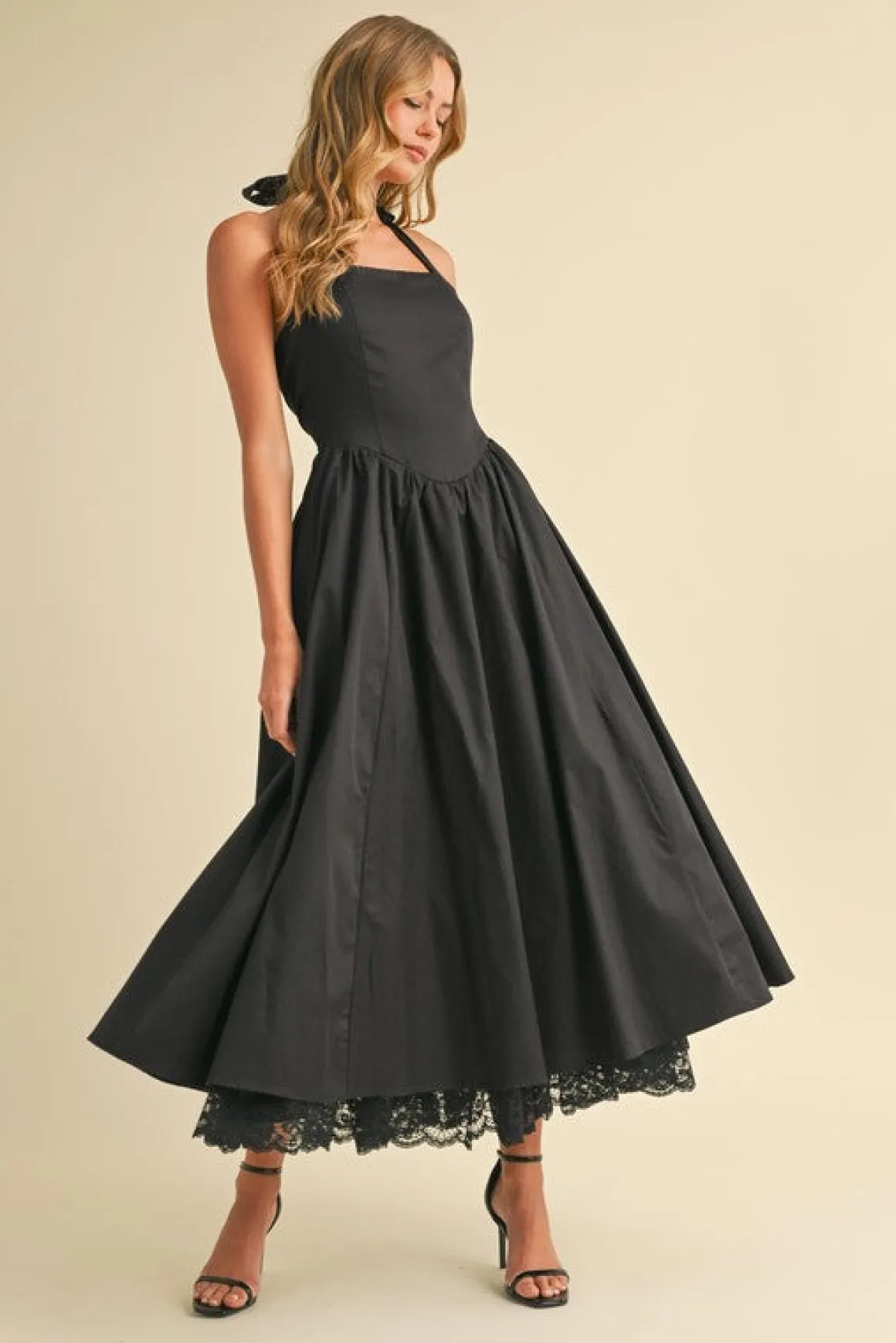 Tracy Sleeveless Halter Lace Contrast Midi Dress Black