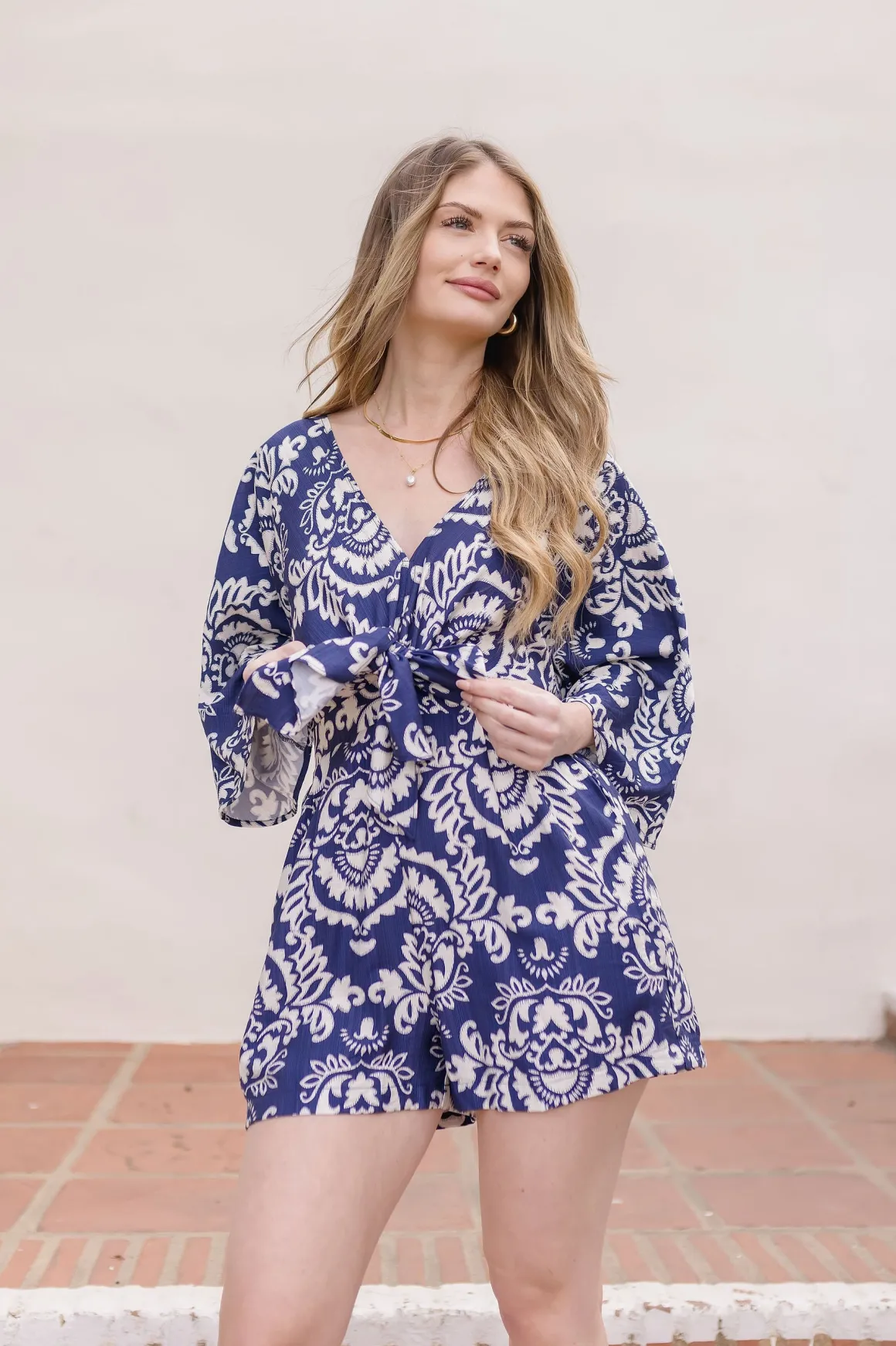 Trina Kimono Sleeve Front Tie Abstract Print Romper Navy