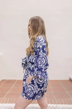 Trina Kimono Sleeve Front Tie Abstract Print Romper Navy