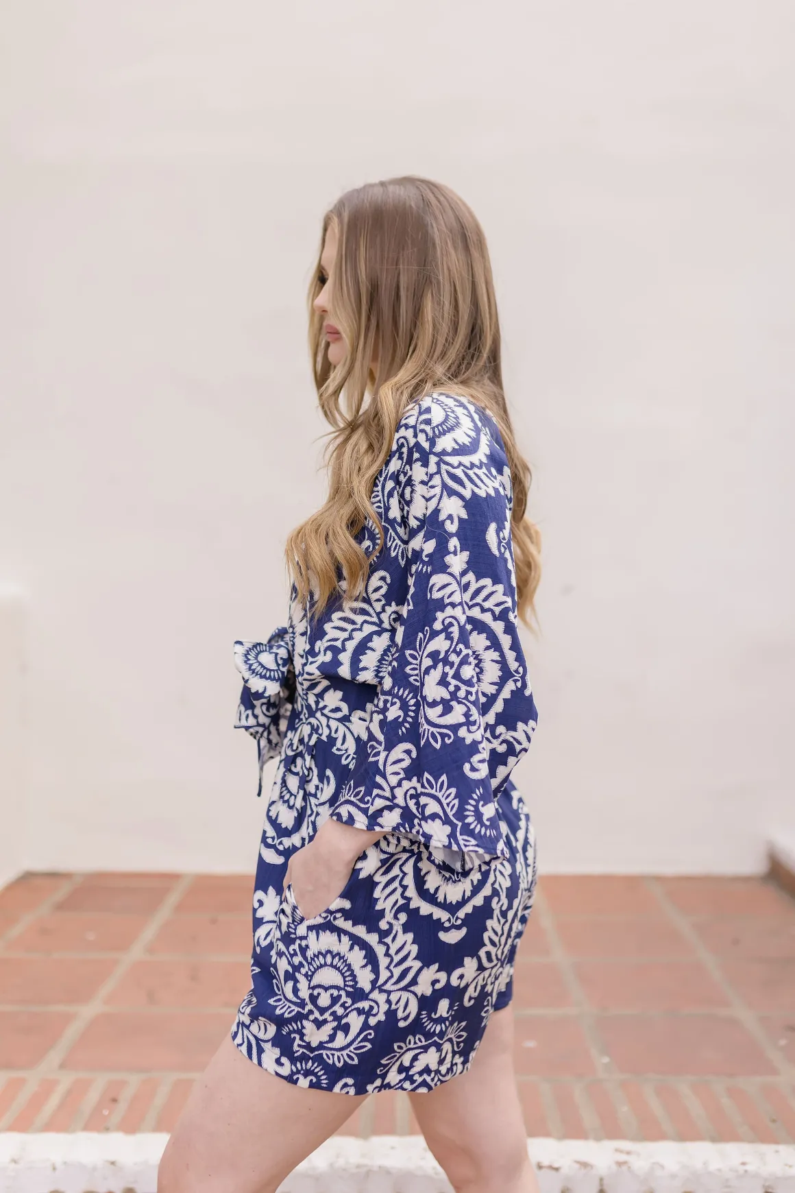 Trina Kimono Sleeve Front Tie Abstract Print Romper Navy
