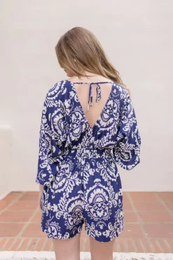 Trina Kimono Sleeve Front Tie Abstract Print Romper Navy