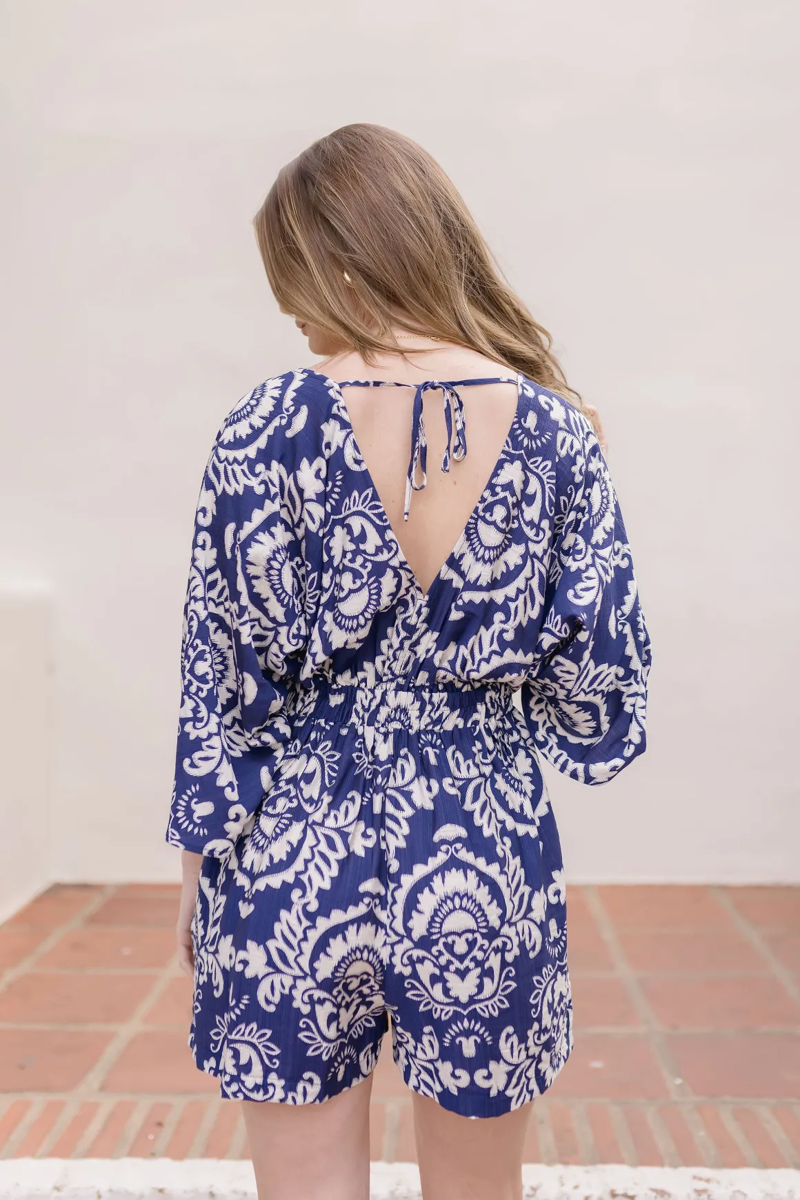 Trina Kimono Sleeve Front Tie Abstract Print Romper Navy
