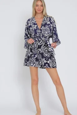 Trina Kimono Sleeve Front Tie Abstract Print Romper Navy
