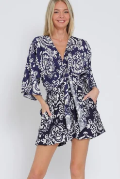 Trina Kimono Sleeve Front Tie Abstract Print Romper Navy