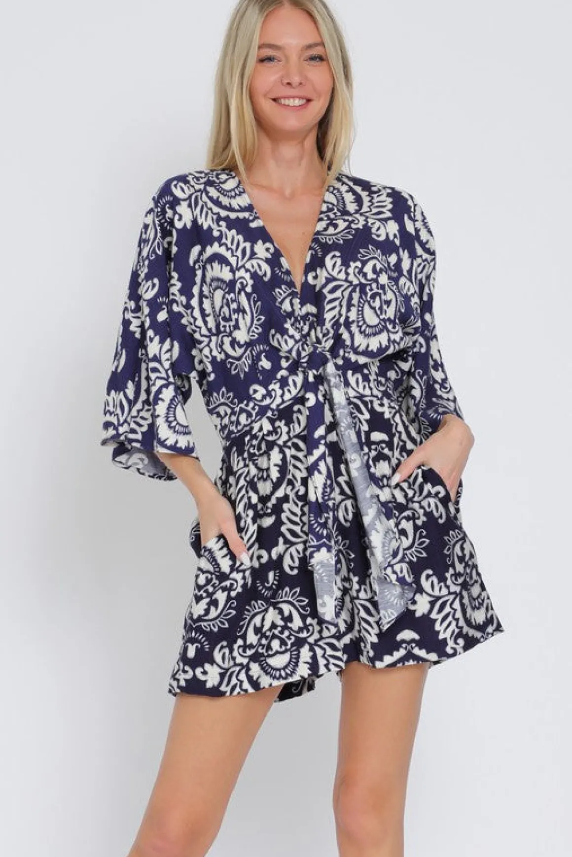 Trina Kimono Sleeve Front Tie Abstract Print Romper Navy
