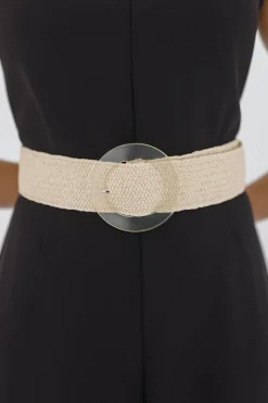 Trisha Clear Circle Buckle Straw Waist Belt Beige