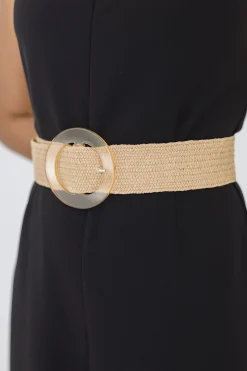 Trisha Clear Circle Buckle Straw Waist Belt Tan