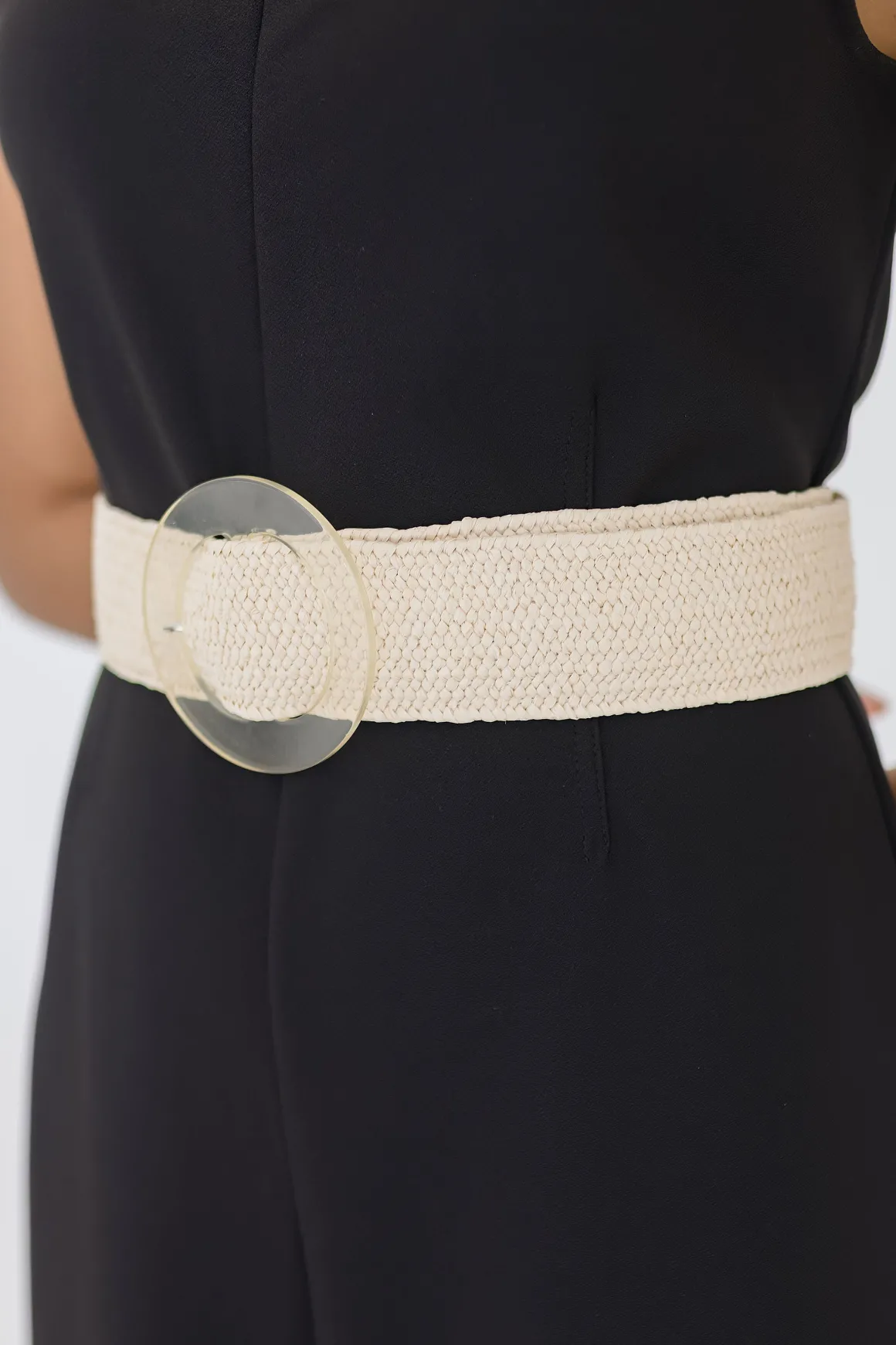 Trisha Clear Circle Buckle Straw Waist Belt Beige