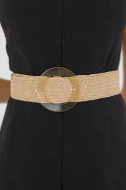 Trisha Clear Circle Buckle Straw Waist Belt Tan