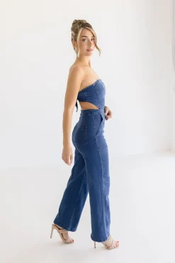 Valencia Sleeveless Back Tie Wide Leg Denim Jumpsuit Dark Wash