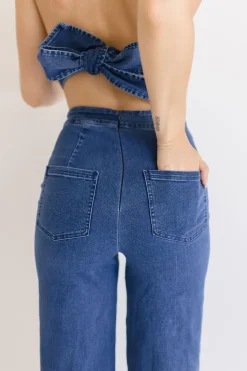 Valencia Sleeveless Back Tie Wide Leg Denim Jumpsuit Dark Wash