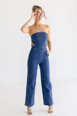 Valencia Sleeveless Back Tie Wide Leg Denim Jumpsuit Dark Wash