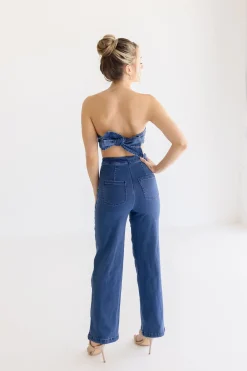 Valencia Sleeveless Back Tie Wide Leg Denim Jumpsuit Dark Wash