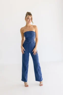 Valencia Sleeveless Back Tie Wide Leg Denim Jumpsuit Dark Wash