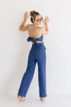 Valencia Sleeveless Back Tie Wide Leg Denim Jumpsuit Dark Wash