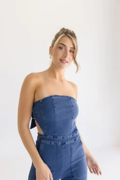 Valencia Sleeveless Back Tie Wide Leg Denim Jumpsuit Dark Wash