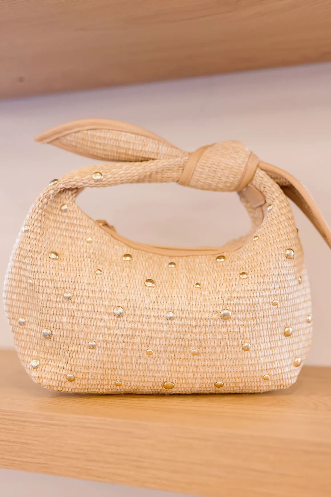 Valentina Woven Studded Handbag Beige