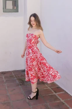 Vanessa Sleeveless Back Tie Floral Print Midi Dress Red