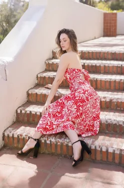 Vanessa Sleeveless Back Tie Floral Print Midi Dress Red