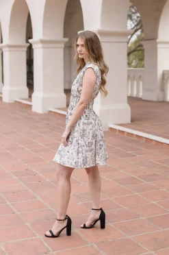 Vickie Shoulder Pad Sleeve Abstract Print Zip Up Mini Dress White