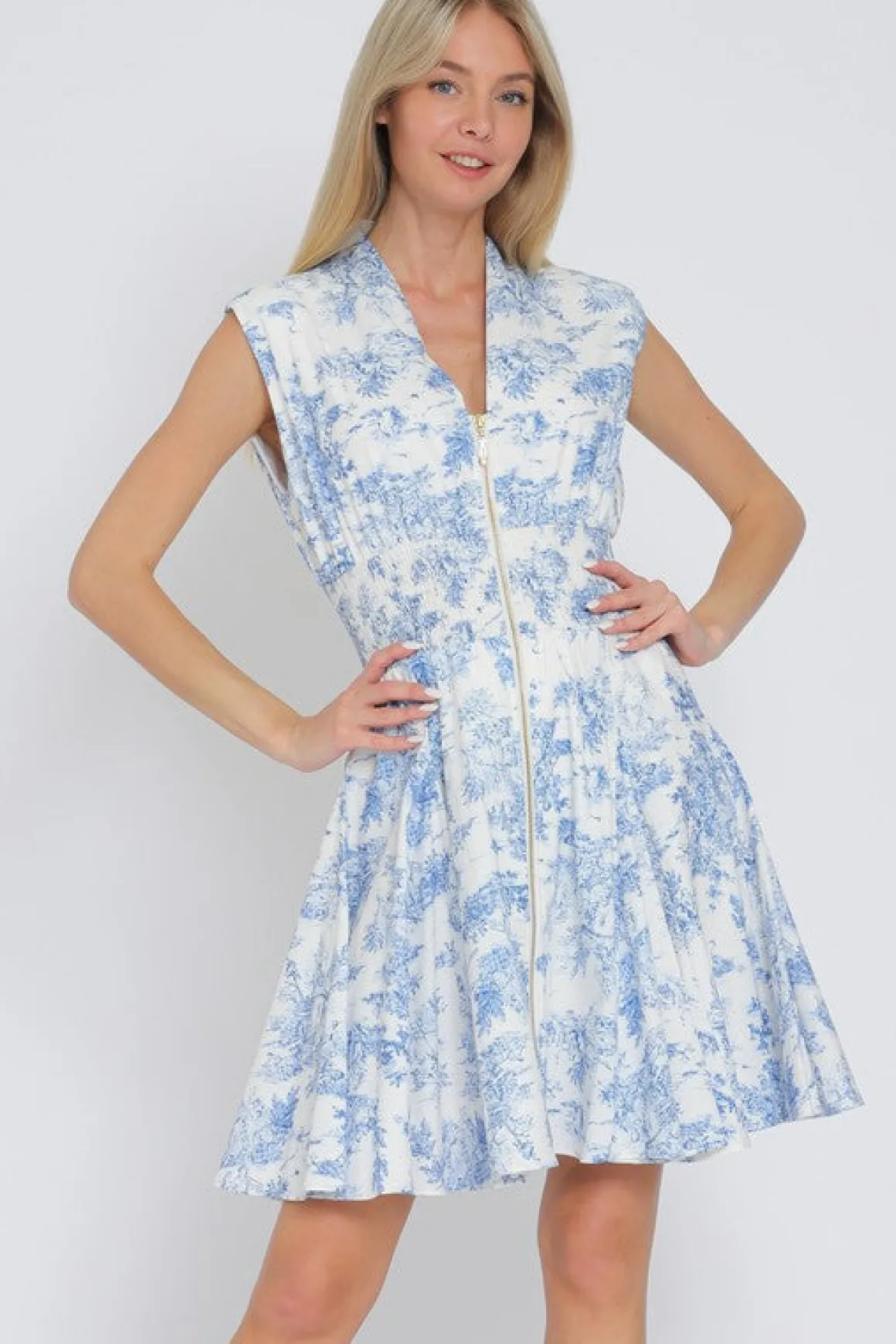 Vickie Shoulder Pad Sleeve Abstract Print Zip Up Mini Dress Blue