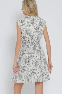 Vickie Shoulder Pad Sleeve Abstract Print Zip Up Mini Dress White