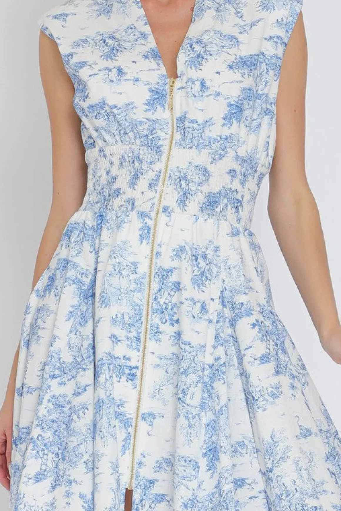 Vickie Shoulder Pad Sleeve Abstract Print Zip Up Mini Dress Blue