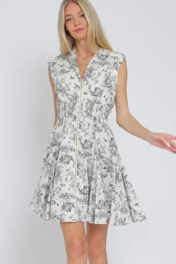 Vickie Shoulder Pad Sleeve Abstract Print Zip Up Mini Dress White