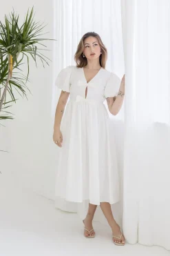 Virginia Short Puff Sleeve Bow Cut Out Midi Dress White