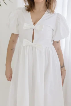 Virginia Short Puff Sleeve Bow Cut Out Midi Dress White