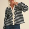 Vivian Long Sleeve Bow Tie Stripe Print Top Navy