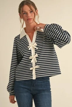 Vivian Long Sleeve Bow Tie Stripe Print Top Navy