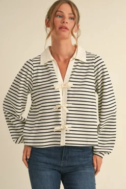 Vivian Long Sleeve Bow Tie Stripe Print Top Ivory