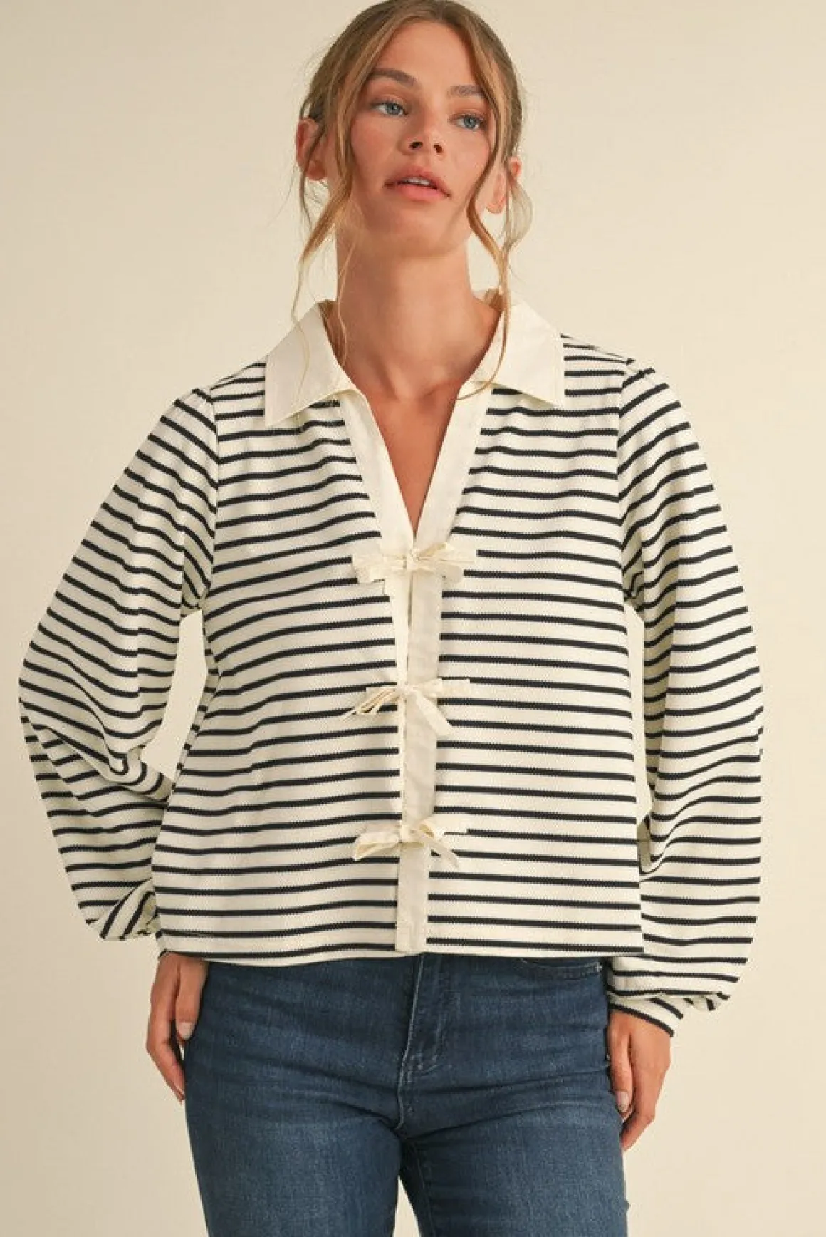 Vivian Long Sleeve Bow Tie Stripe Print Top Ivory