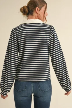 Vivian Long Sleeve Bow Tie Stripe Print Top Navy