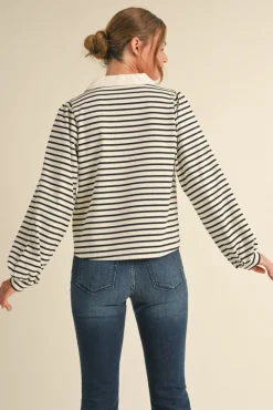 Vivian Long Sleeve Bow Tie Stripe Print Top Ivory