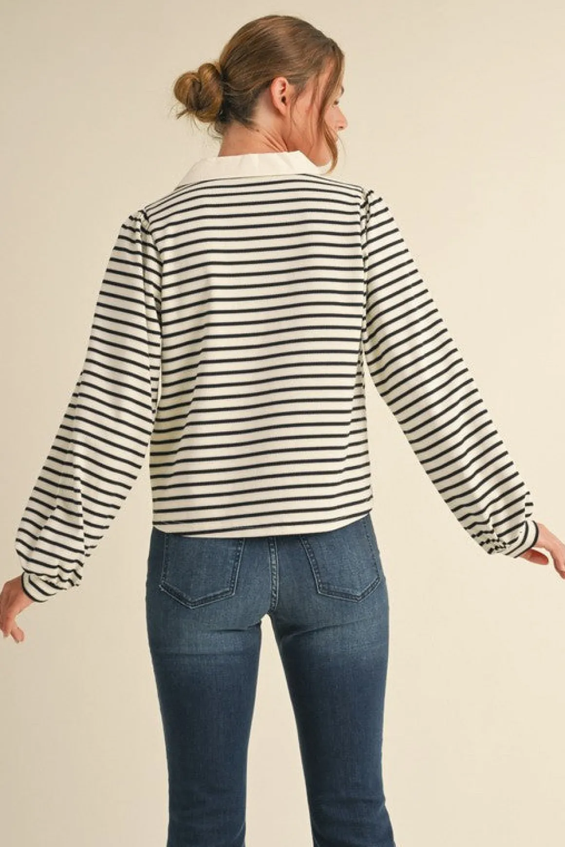 Vivian Long Sleeve Bow Tie Stripe Print Top Ivory