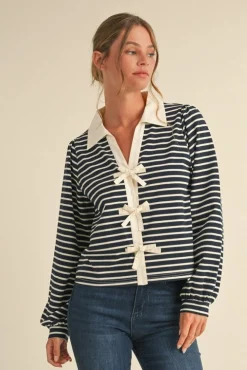 Vivian Long Sleeve Bow Tie Stripe Print Top Navy