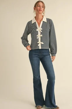 Vivian Long Sleeve Bow Tie Stripe Print Top Navy