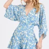 Waitlist 4/23 ♥ Alex 3/4 Sleeve Back Tie Palm Print Romper Blue