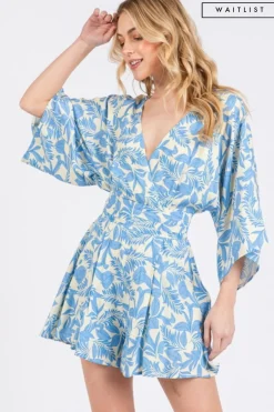Waitlist 4/23 ♥ Alex 3/4 Sleeve Back Tie Palm Print Romper Blue