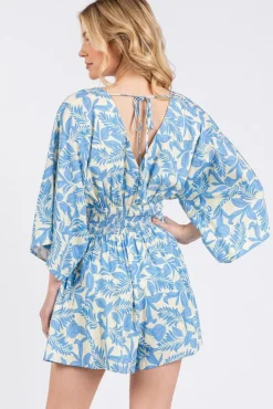 Waitlist 4/23 ♥ Alex 3/4 Sleeve Back Tie Palm Print Romper Blue
